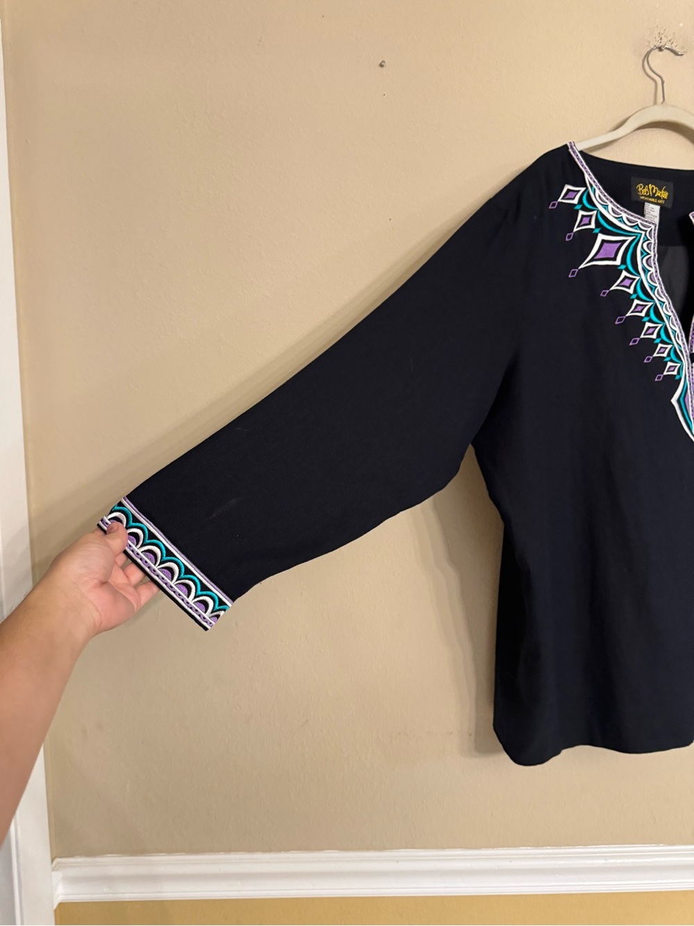Bob Mackie Wearable Art Womens Plus Size 3X Embroidered Jacket Linen Black Blue - Picture 9 of 16